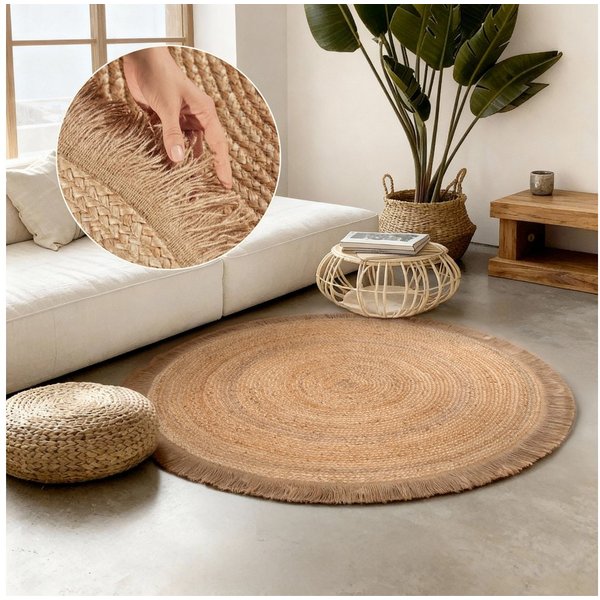 HANSE Home Teppich Nuru, rund, Höhe: 7 mm, Jute, Handgemacht, Rund, Fransen, Wohnzimmerteppich, Naturteppich