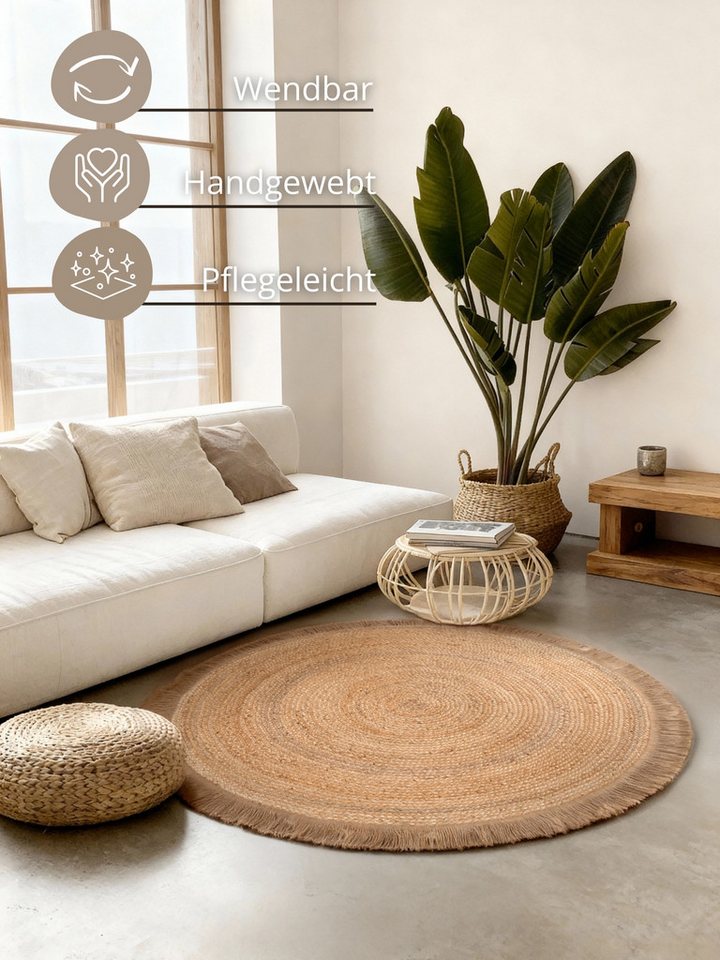 HANSE Home Teppich Nuru, rund, Höhe: 7 mm, Jute, Handgemacht, Rund, Fransen, Wohnzimmerteppich, Naturteppich – Bild 3 von 5