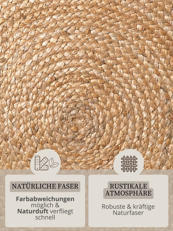 HANSE Home Teppich Nuru, rund, Höhe: 7 mm, Jute, Handgemacht, Rund, Fransen, Wohnzimmerteppich, Naturteppich – Bild 4 von 5
