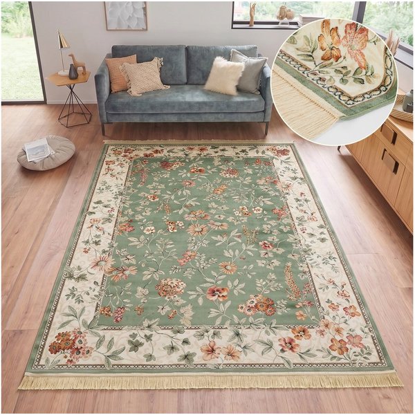 HANSE Home Teppich Orient Flowers, rechteckig, Höhe: 5 mm, Kurzflor mit Fransen, Orient, Wohnzimmer, Schlafzimmer, Esszimmer