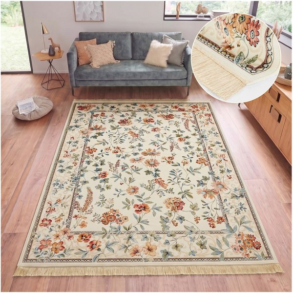 HANSE Home Teppich Orient Flowers, rechteckig, Höhe: 5 mm, Kurzflor mit Fransen, Orient, Wohnzimmer, Schlafzimmer, Esszimmer