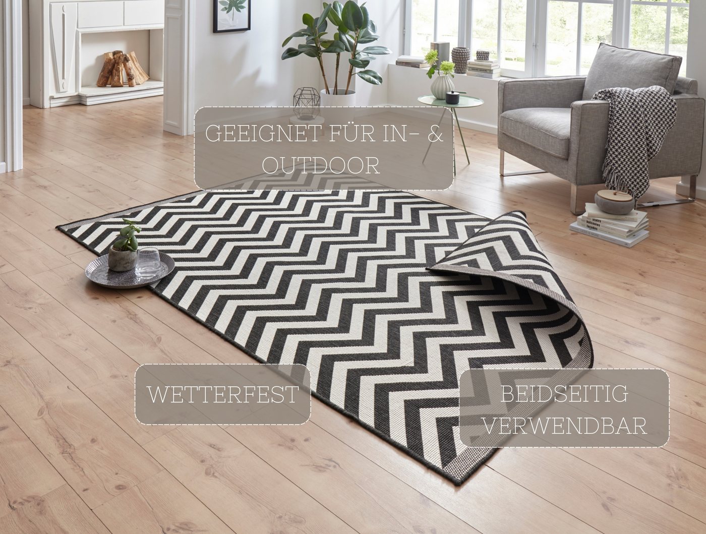 HANSE Home Teppich Palma Wendeteppich, rechteckig, Höhe: 5 mm, In-& Outdoor, Wetterfest, Balkon, Läufer, Wohnzimmer, Wasserfest – Bild 3 von 5