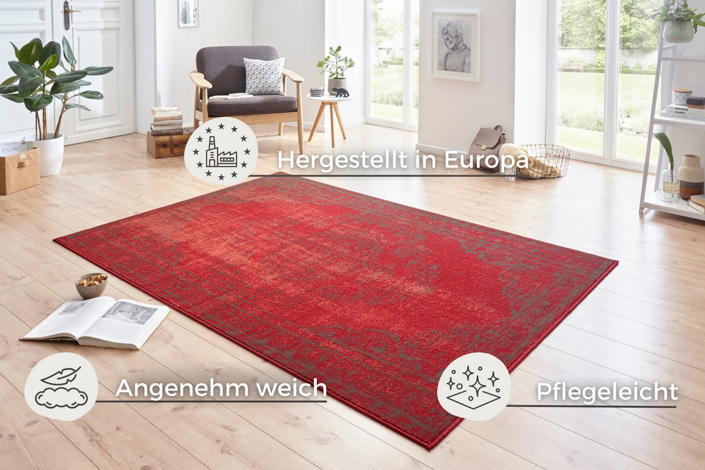 HANSE Home Teppich Plume, rechteckig, Höhe: 9 mm, Kurzflor, Used-Look, Teppich, Vintage, Esszimmer, Wohnzimmer, Flur – Bild 3 von 5