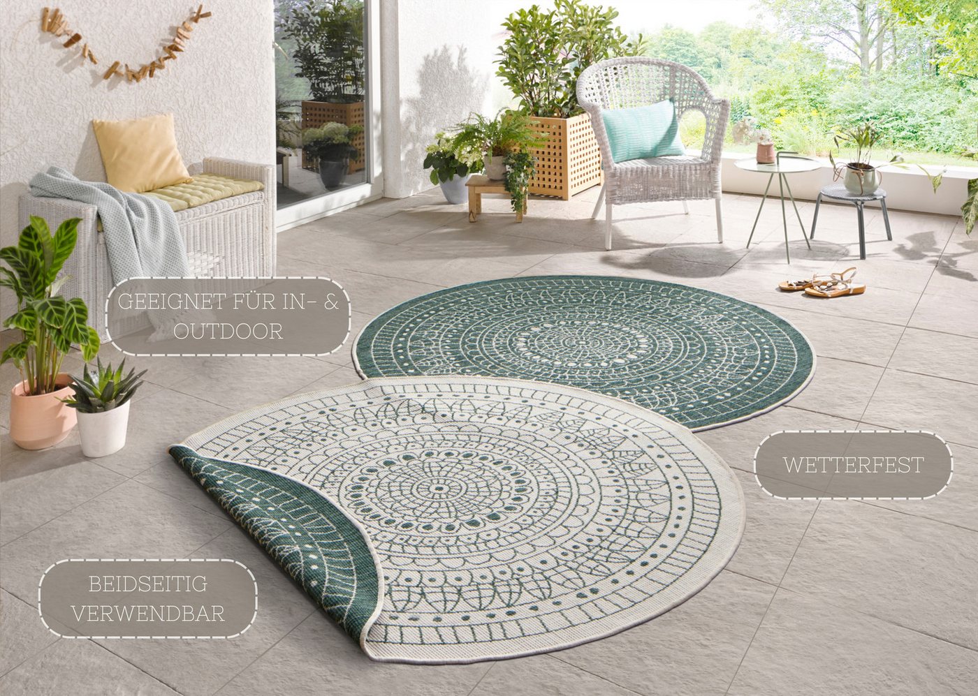 HANSE Home Teppich Porto Wendeteppich, rund, Höhe: 5 mm, In-& Outdoor, Wetterfest, Balkon, Garten, Wohnzimmer, Wasserfest – Bild 3 von 5