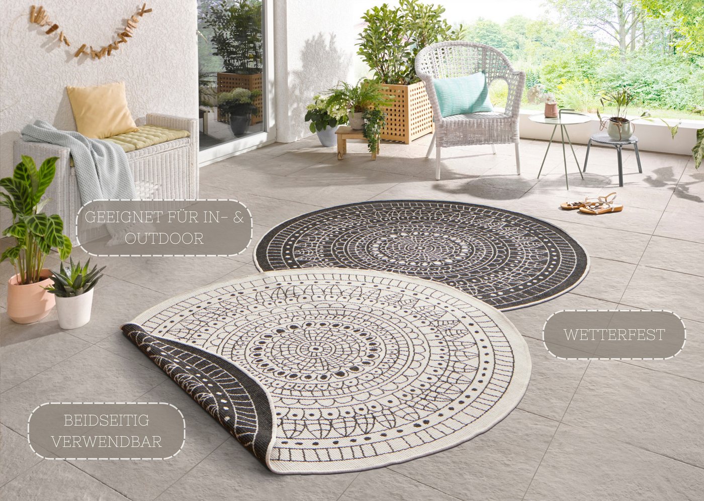 HANSE Home Teppich Porto Wendeteppich, rund, Höhe: 5 mm, In-& Outdoor, Wetterfest, Balkon, Garten, Wohnzimmer, Wasserfest – Bild 3 von 5
