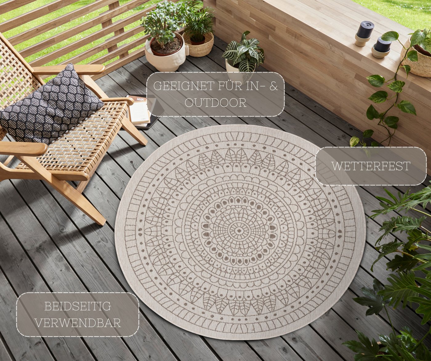 HANSE Home Teppich Porto Wendeteppich, rund, Höhe: 5 mm, In-& Outdoor, Wetterfest, Balkon, Garten, Wohnzimmer, Wasserfest – Bild 3 von 5