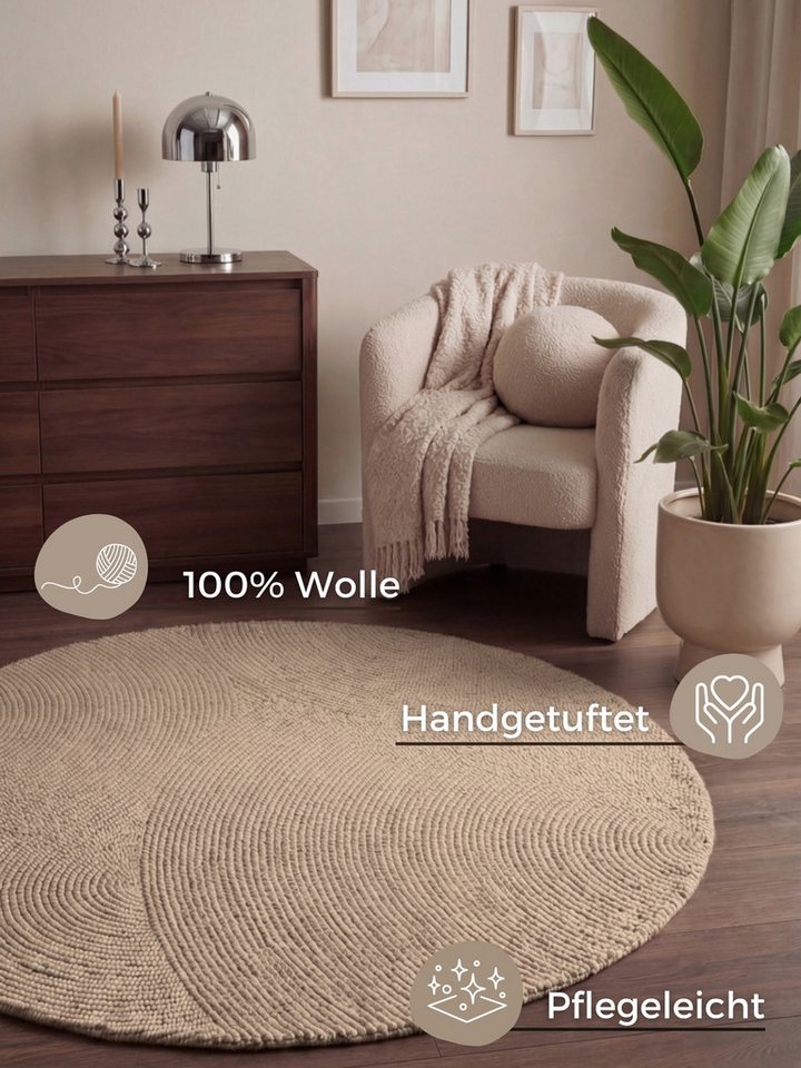 HANSE Home Wollteppich Calmio, auch als Läufer und in rund, rund, Höhe: 18 mm, Handgetuftet, Wolle, Natur, Wohnzimmer, Schlafzimmer, Skandi, Hygge – Bild 3 von 5