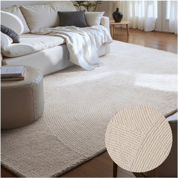 HANSE Home Wollteppich Calmio, auch als Läufer und in rund, rechteckig, Höhe: 18 mm, Handgetuftet, Wolle, Natur, Wohnzimmer, Schlafzimmer, Skandi, Hygge