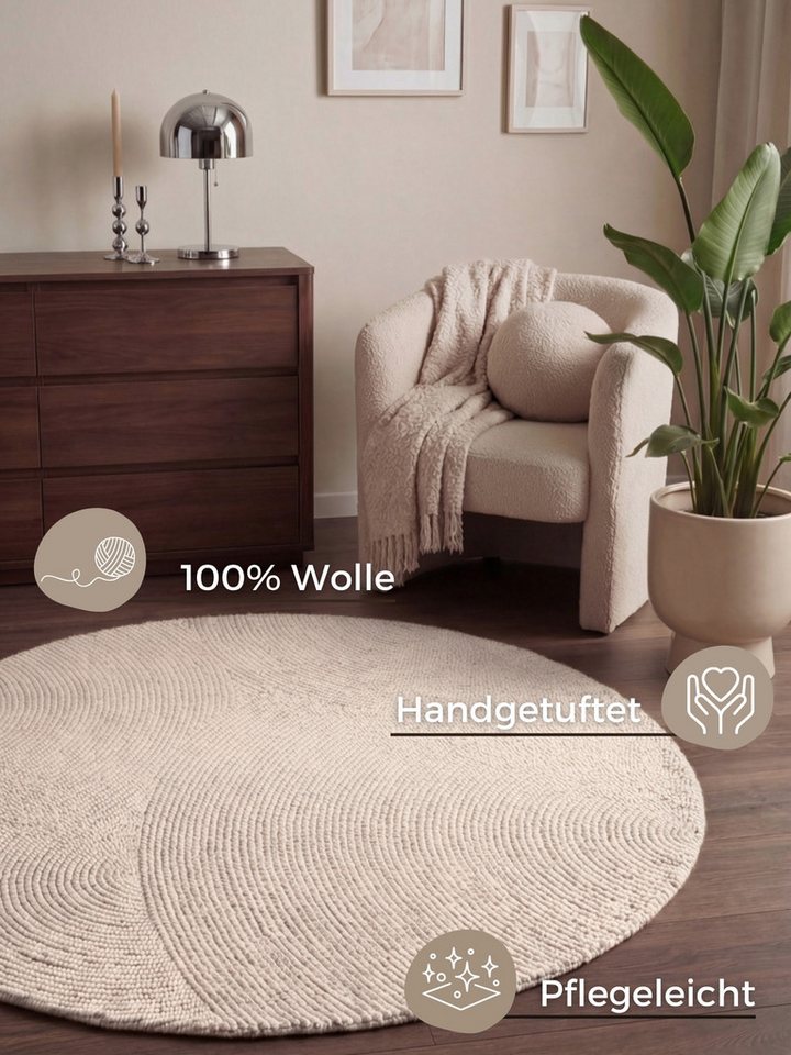HANSE Home Wollteppich Calmio, auch als Läufer und in rund, rund, Höhe: 18 mm, Handgetuftet, Wolle, Natur, Wohnzimmer, Schlafzimmer, Skandi, Hygge – Bild 3 von 5