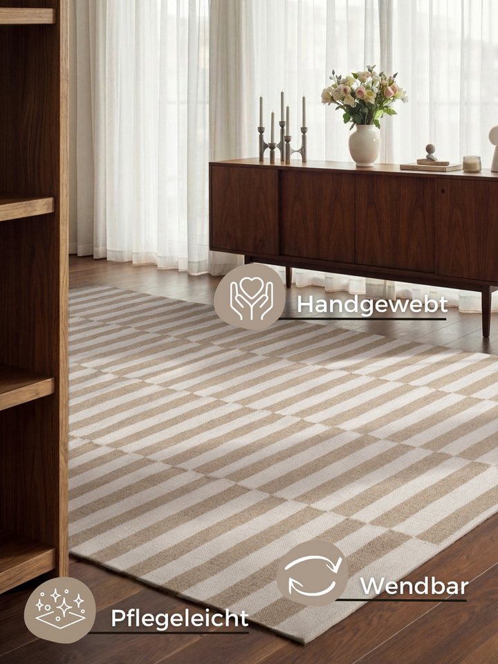 HANSE Home Wollteppich Vika, schwarz-weiss, rechteckig, Höhe: 5 mm, Handgewebt, Wolle, Natur, Läufer, Wohnzimmer, Schlafzimmer, Streifen – Bild 3 von 5