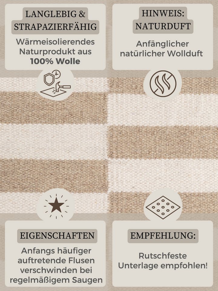HANSE Home Wollteppich Vika, schwarz-weiss, rechteckig, Höhe: 5 mm, Handgewebt, Wolle, Natur, Läufer, Wohnzimmer, Schlafzimmer, Streifen – Bild 4 von 5