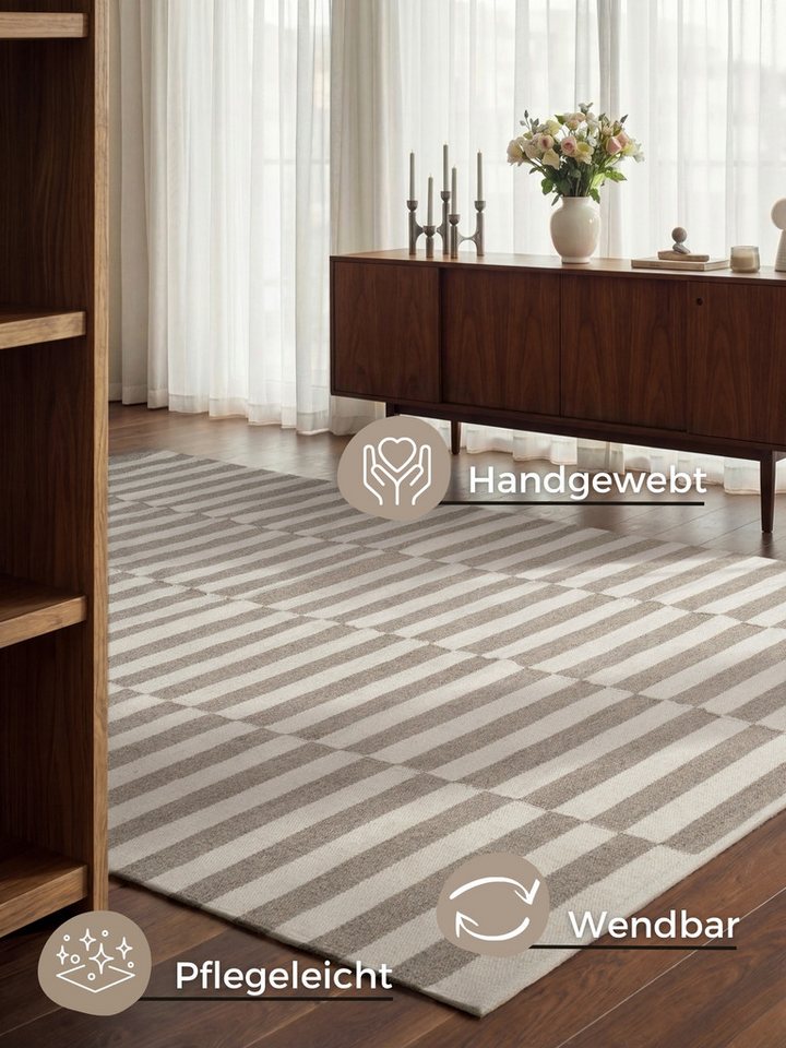 HANSE Home Wollteppich Vika, schwarz-weiss, rechteckig, Höhe: 5 mm, Handgewebt, Wolle, Natur, Läufer, Wohnzimmer, Schlafzimmer, Streifen – Bild 3 von 5