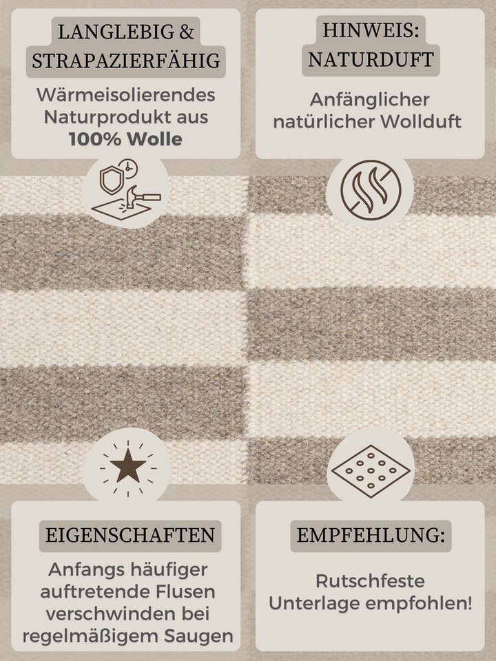 HANSE Home Wollteppich Vika, schwarz-weiss, rechteckig, Höhe: 5 mm, Handgewebt, Wolle, Natur, Läufer, Wohnzimmer, Schlafzimmer, Streifen – Bild 4 von 5