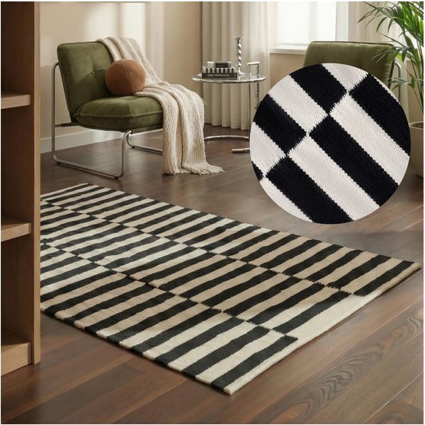 HANSE Home Wollteppich Vika, schwarz-weiss, rechteckig, Höhe: 5 mm, Handgewebt, Wolle, Natur, Läufer, Wohnzimmer, Schlafzimmer, Streifen