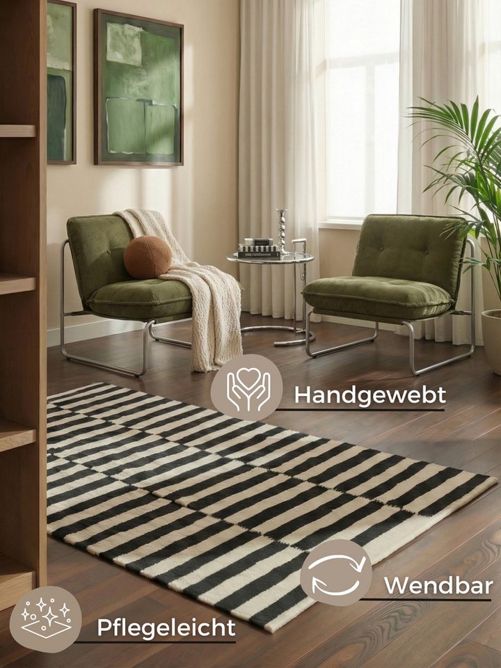 HANSE Home Wollteppich Vika, schwarz-weiss, rechteckig, Höhe: 5 mm, Handgewebt, Wolle, Natur, Läufer, Wohnzimmer, Schlafzimmer, Streifen – Bild 3 von 5