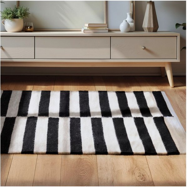 HANSE Home Wollteppich Vika, schwarz-weiss, rechteckig, Höhe: 5 mm, Handgewebt, Wolle, Natur, Läufer, Wohnzimmer, Schlafzimmer, Streifen