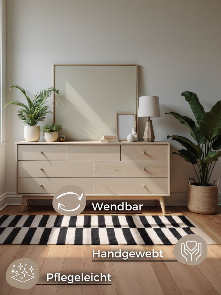 HANSE Home Wollteppich Vika, schwarz-weiss, rechteckig, Höhe: 5 mm, Handgewebt, Wolle, Natur, Läufer, Wohnzimmer, Schlafzimmer, Streifen – Bild 3 von 5