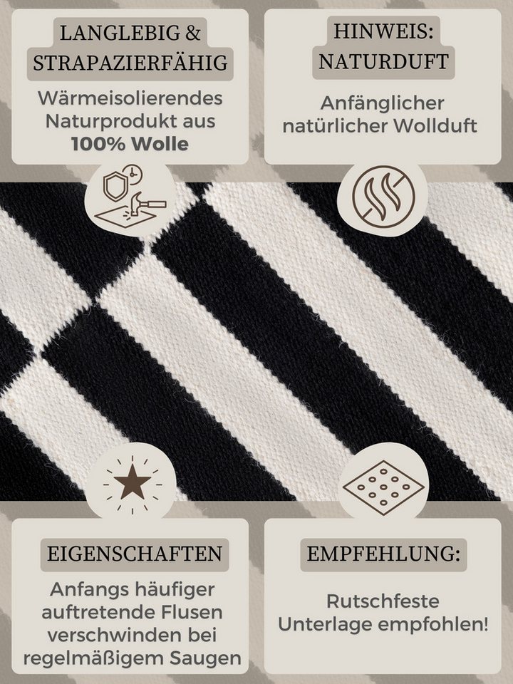 HANSE Home Wollteppich Vika, schwarz-weiss, rechteckig, Höhe: 5 mm, Handgewebt, Wolle, Natur, Läufer, Wohnzimmer, Schlafzimmer, Streifen – Bild 4 von 5