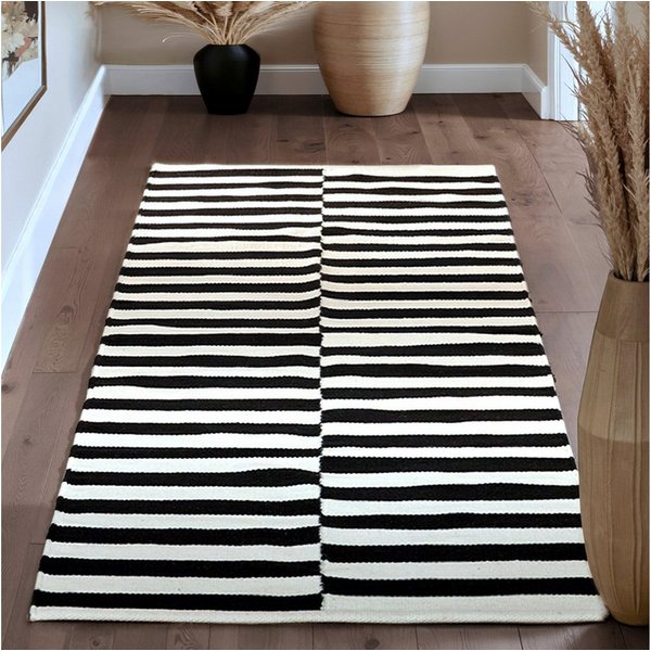 HANSE Home Wollteppich Vika, schwarz-weiss, rechteckig, Höhe: 5 mm, Handgewebt, Wolle, Natur, Läufer, Wohnzimmer, Schlafzimmer, Streifen