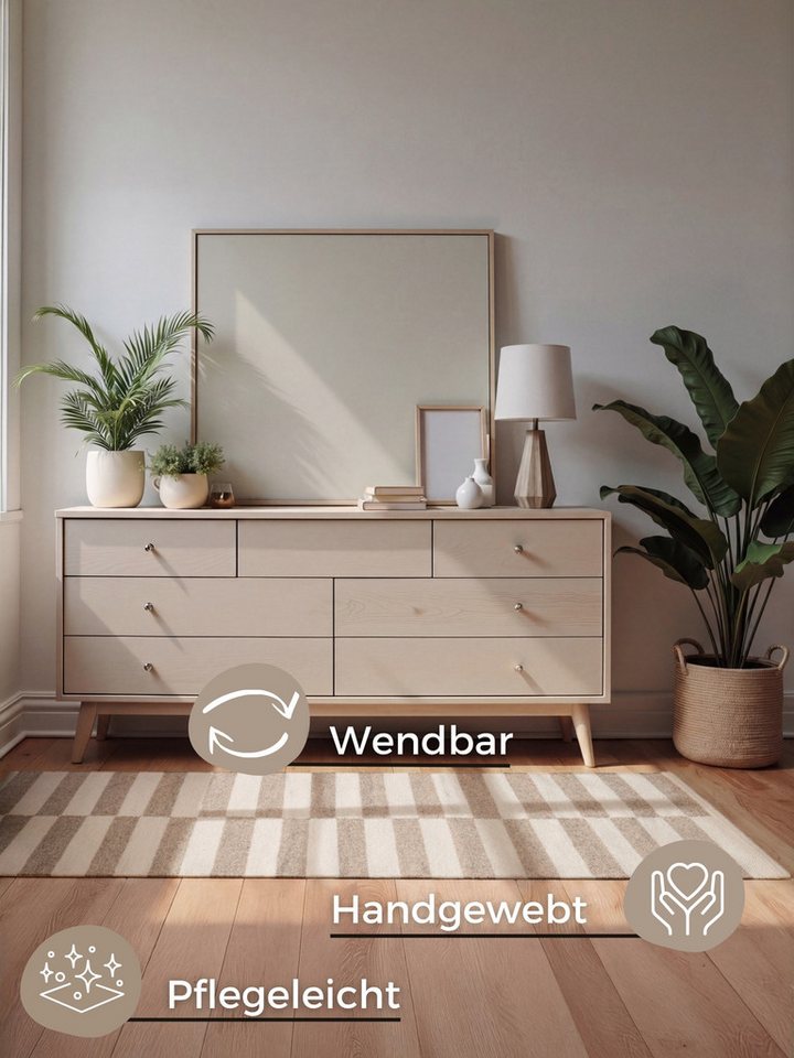 HANSE Home Wollteppich Vika, schwarz-weiss, rechteckig, Höhe: 5 mm, Handgewebt, Wolle, Natur, Läufer, Wohnzimmer, Schlafzimmer, Streifen – Bild 3 von 5