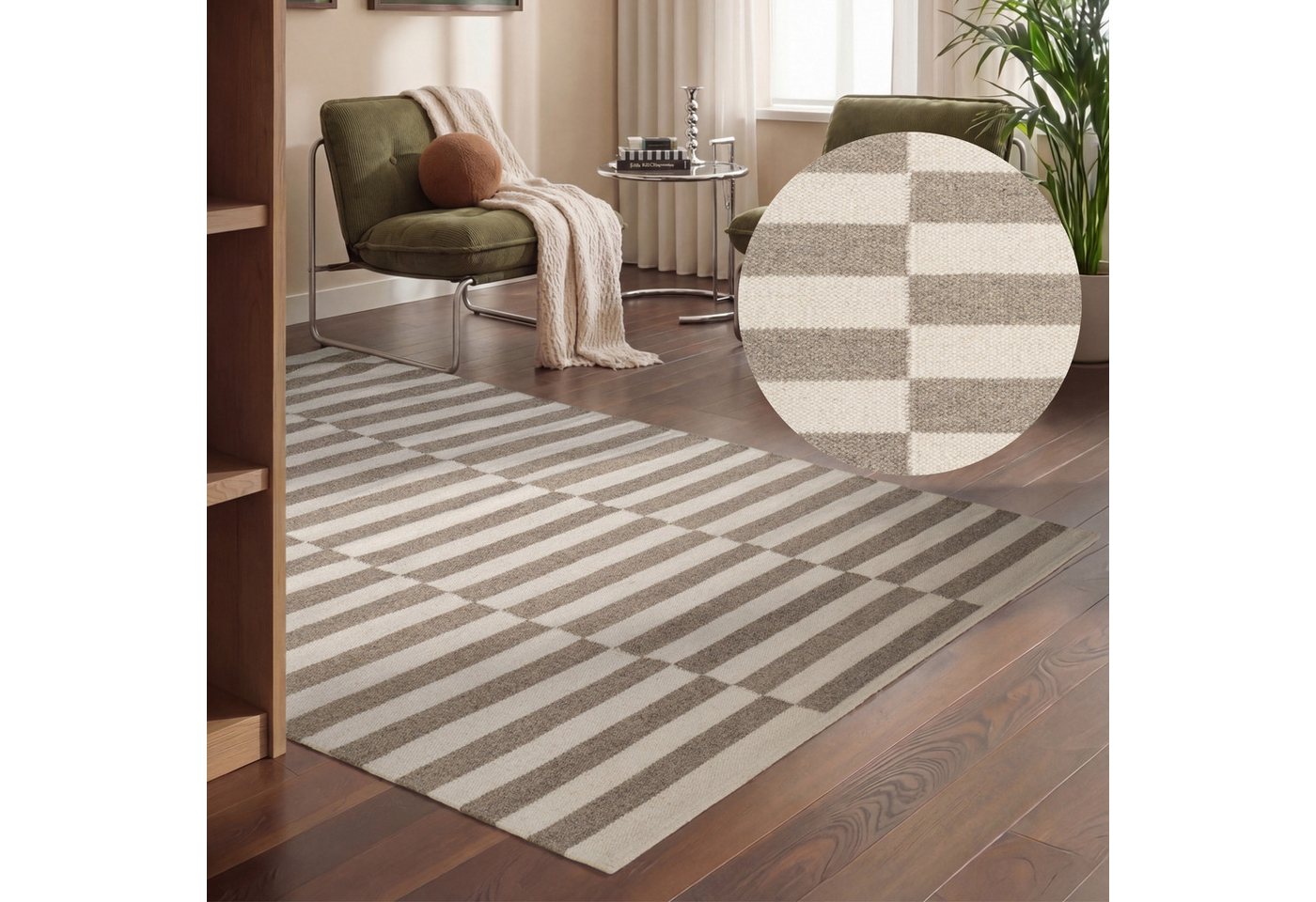 HANSE Home Wollteppich Vika, schwarz-weiss, rechteckig, Höhe: 5 mm, Handgewebt, Wolle, Natur, Läufer, Wohnzimmer, Schlafzimmer, Streifen – Bild 3 von 5
