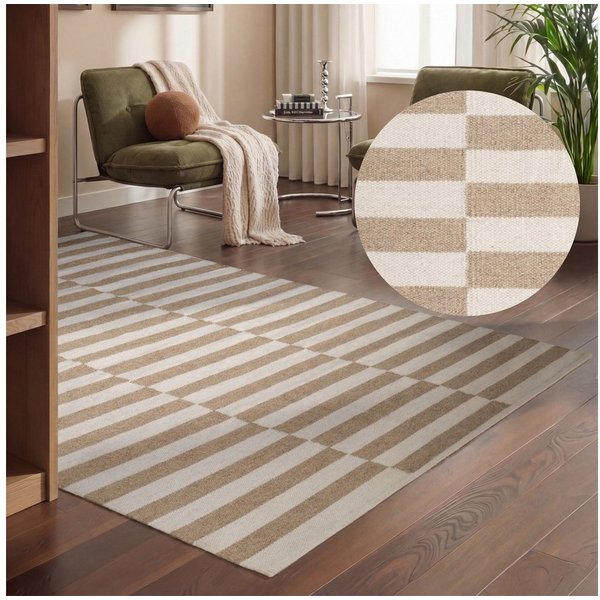 HANSE Home Wollteppich Vika, schwarz-weiss, rechteckig, Höhe: 5 mm, Handgewebt, Wolle, Natur, Läufer, Wohnzimmer, Schlafzimmer, Streifen