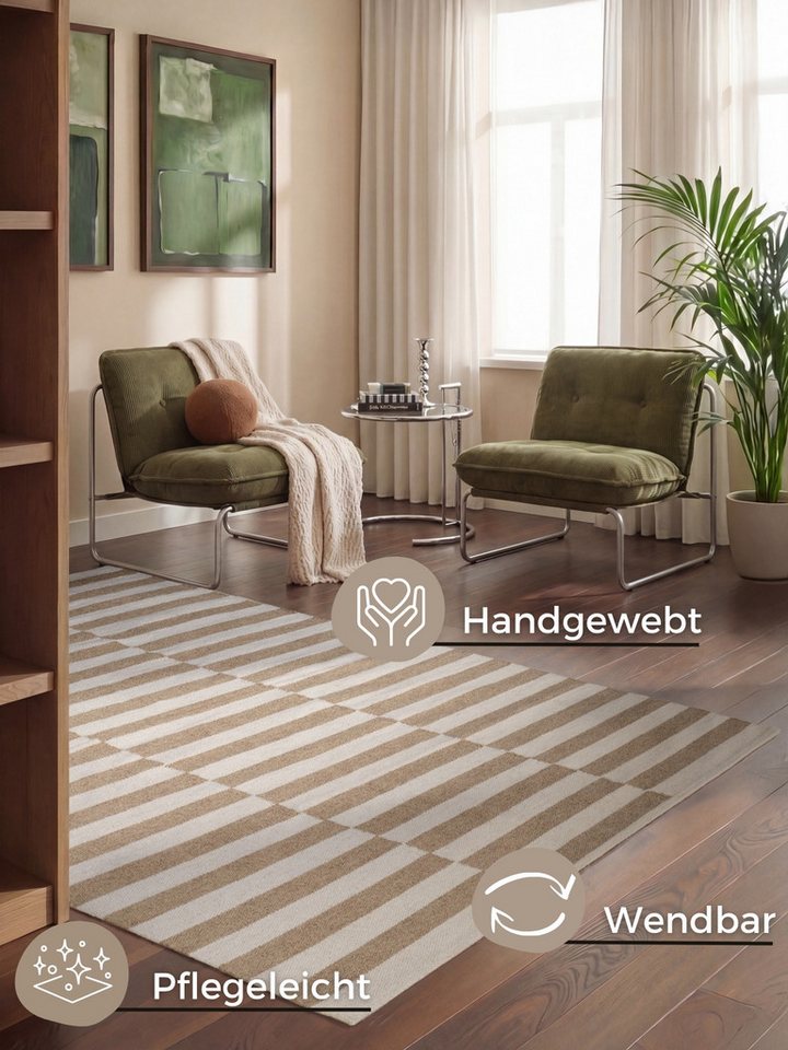 HANSE Home Wollteppich Vika, schwarz-weiss, rechteckig, Höhe: 5 mm, Handgewebt, Wolle, Natur, Läufer, Wohnzimmer, Schlafzimmer, Streifen – Bild 3 von 5