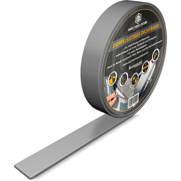 Hanse Syntec Systems Dichtungsband HSS Doppelseitiges Dichtband (2,5cm x 5m) grau, wasserdicht, Rolle 5m und 1,5mm Stärke