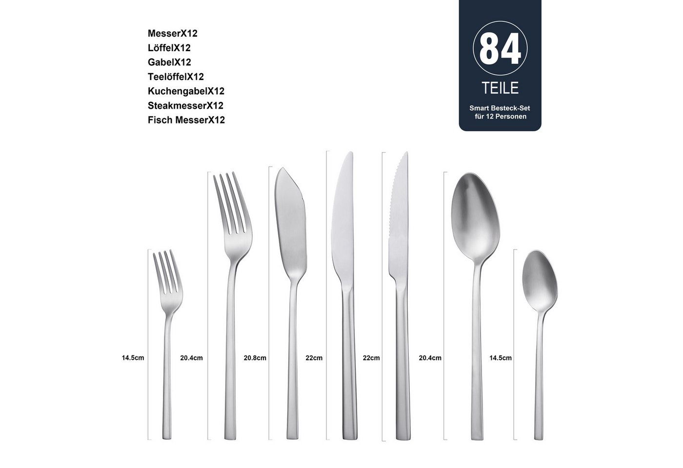 Hanseatic Besteck-Set SMART, wahlweise 30, 42, 60 oder 84 Teile, für 6 oder 12 Personen (84-tlg), 12 Personen, Edelstahl 18/10, in glänzender oder matter Optik, – Bild 4 von 5