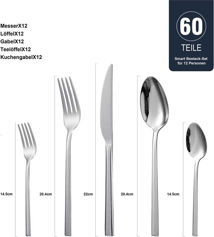 Hanseatic Besteck-Set SMART, wahlweise 30, 42, 60 oder 84 Teile, für 6 oder 12 Personen (60-tlg), 12 Personen, Edelstahl 18/10, in glänzender oder matter Optik, – Bild 4 von 5
