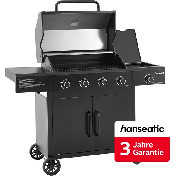 Hanseatic Gasgrill 4-Brenner Rockford Black, 4 Brenner + Seitenbrenner 14,5 kw Gesamt, inkl. 3 Jahre Herstellergarantie