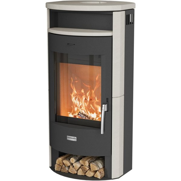 Hanseatic Kaminofen MAIA Naturstein Limestone, Lieferung bis ins Wohnzimmer, 6,2 kW, Zeitbrand, NEU und Exklusiv, toller Kontrast zwischen Stein und Stahl