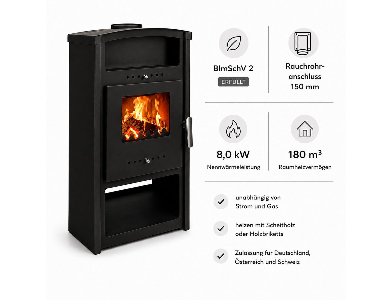 Hanseatic Kaminofen "Ulan", Exklusiv, Lieferung bis ins Wohnzimmer, 8 kW, Zeitbrand, mit Holz- und Warmhaltefach, nur 80 Kg leicht – Bild 2 von 5
