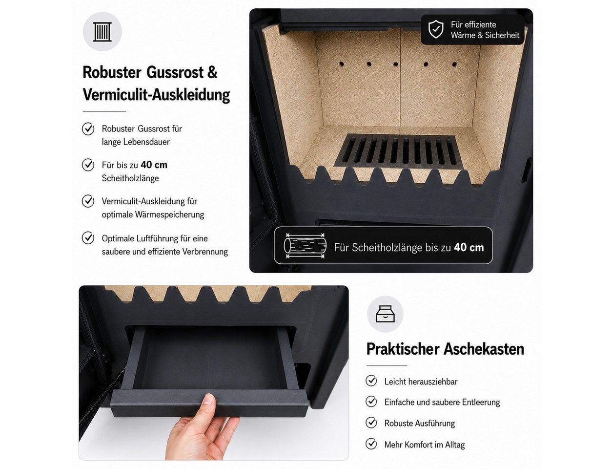 Hanseatic Kaminofen "Ulan", Exklusiv, Lieferung bis ins Wohnzimmer, 8 kW, Zeitbrand, mit Holz- und Warmhaltefach, nur 80 Kg leicht – Bild 4 von 5