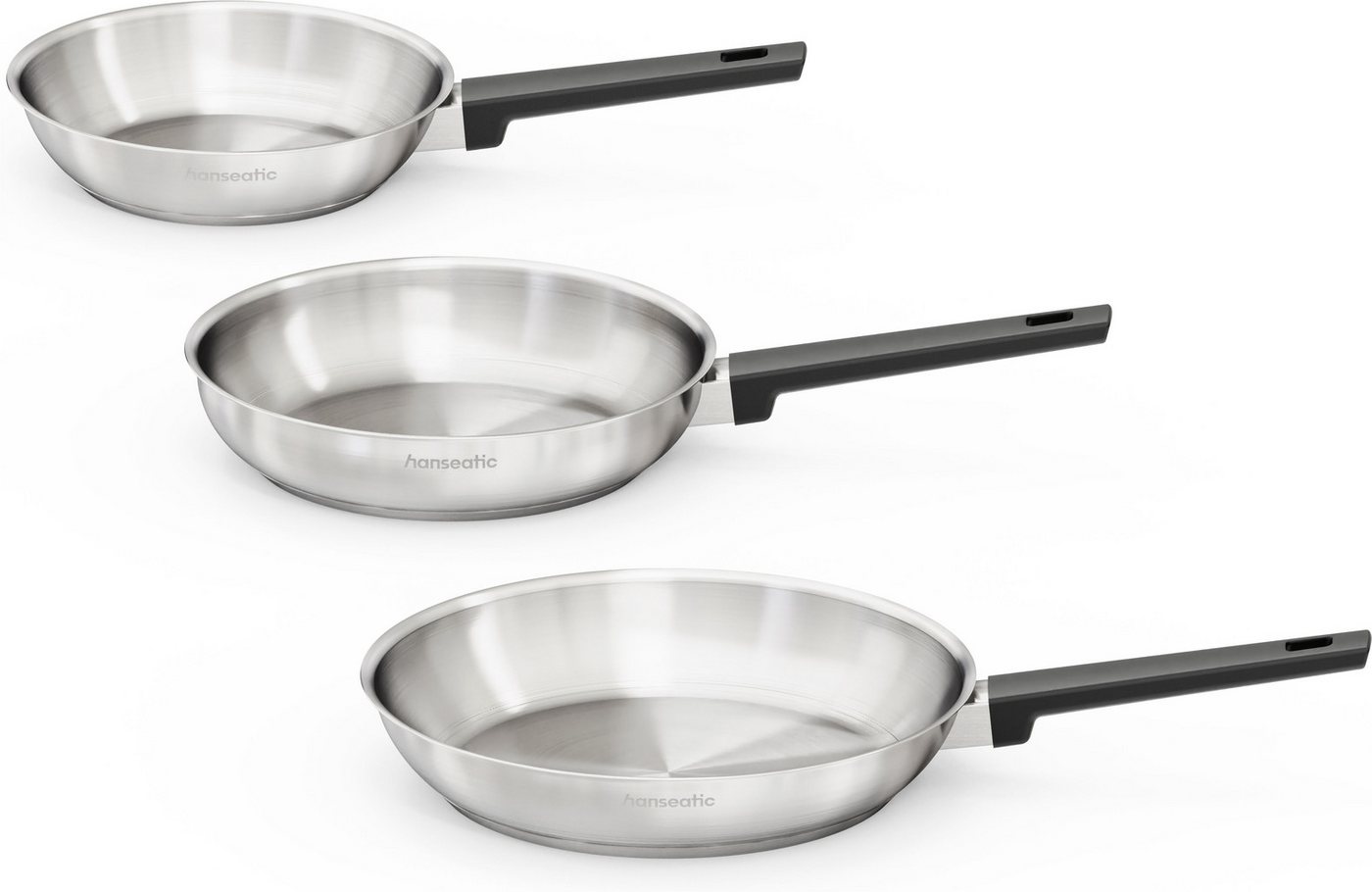 Hanseatic Pfannen-Set SMART, Edelstahl 18/10 (Set, 3-tlg., 1x Pfanne Ø 20 cm, 24 cm und 28 cm), ohne Beschichtung, energiesparend, für alle Herdarten, inkl. Ind – Bild 2 von 5