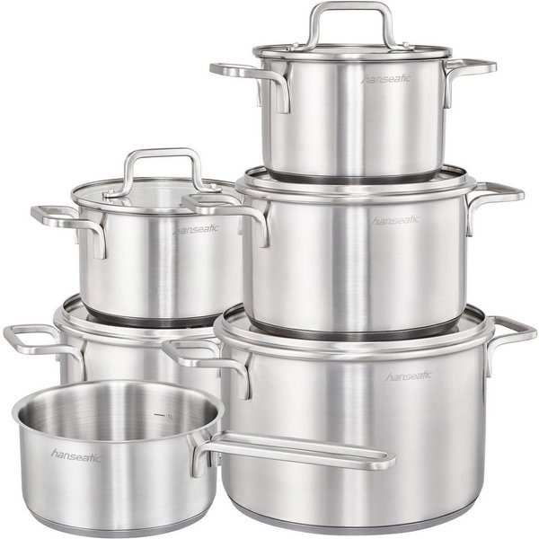Hanseatic Topf-Set DAILY, Edelstahl 18/10 (Set, 11-tlg., Fleischtopf 2x 16 cm / 2x 20 cm / 1x 24 cm, Stielkasserolle 16 cm), handfreundliche Griffe, Literskala,