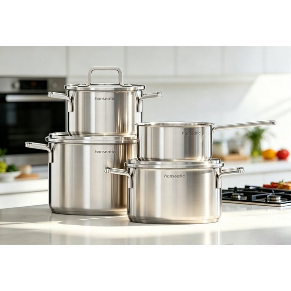 Hanseatic Topf-Set DAILY, Edelstahl 18/10 (Set, 7-tlg., Stielkasserolle 16 cm, Kochtopf 16/20/24 cm), handfreundliche Griffe, Literskala, Glasdeckel, Induktion