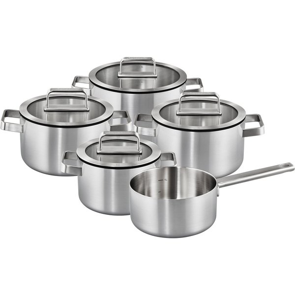 Hanseatic Topf-Set PREMIUM, Edelstahl (Set, 9-tlg., Kochtopf 1x 16 cm / 2x 20 cm / 1x 24 cm, Stielkasserolle 16 cm), handfreundliche Griffe, Literskala, Glasdec