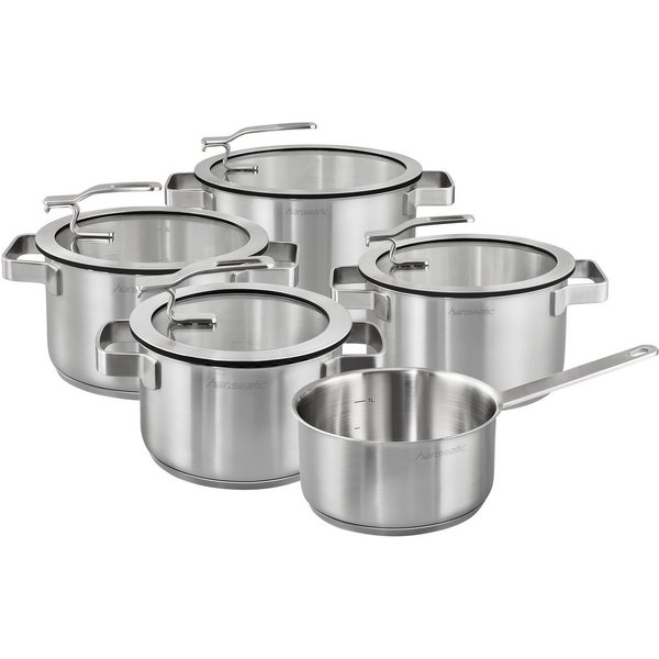 Hanseatic Topf-Set STYLE, Edelstahl 18/10 (Set, 9-tlg., Fleischtopf 1x 16 cm / 2x 20 cm / 1x 24 cm, Stielkasserolle 16 cm), Deckel mit praktischer Aufhänge-Funk