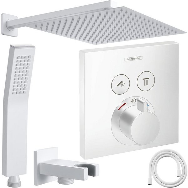 Hansgrohe und Jowi Duscharmatur ShowerSelect Unterputz Duscharmatur, Thermostat, Weiß, Regendusche (Unterputz-Duschsystem, Set) Mattweiß, Thermostat