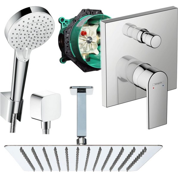 Hansgrohe und Jowi Duscharmatur Vernis Shape, Unterputz Duschsystem mit Kopfbrause, Deckenanschluss (Unterputz-Duschsystem, Set) Kopfbrause und Deckenanschluss 