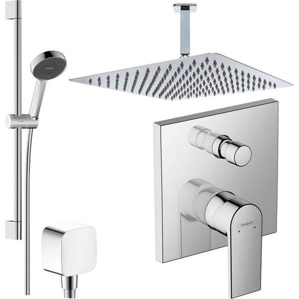 Hansgrohe und Jowi Duscharmatur Vernis Shape, Unterputz Duschsystem, Regendusche mit Deckenanschluss (Unterputz-Duschsystem) Kopfbrause und Deckenanschluss aus 