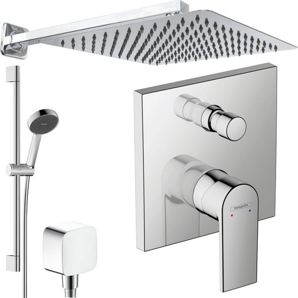 Hansgrohe und Jowi Duscharmatur Vernis Shape Unterputz Duschsystem mit Kopfbrause, Regendusche (Unterputz-Duschsystem, Set) mit Brausestange, 650mm