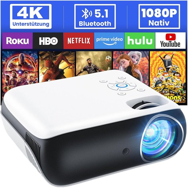 HAPPRUN LED-Beamer (9500 lm, 10.000:1, 3840 x 2160 Pixel px, Bluetooth 5.1, 200 Zoll, HDMI & USB)