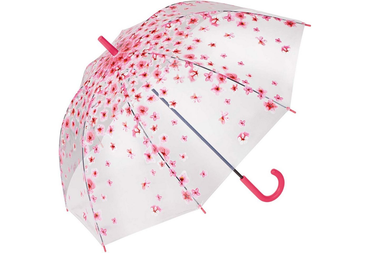 HAPPY RAIN Langregenschirm durchsichtiger, stabiler Damen-Transparentschirm, bedruckt mit pinkfarbenen Blüten – Bild 2 von 3