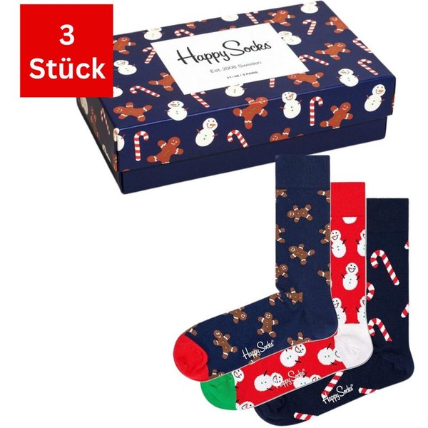Happy Socks Freizeitsocken 3er Pack Baumwoll Socken mit Motiv, Geschenk, Weihnachten