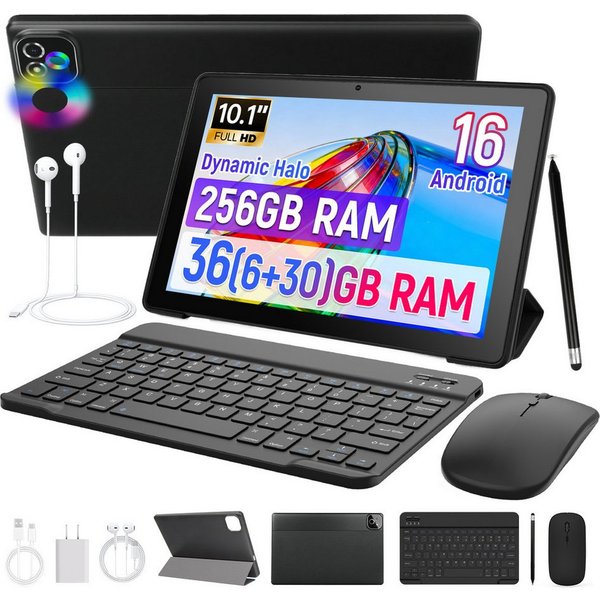 Happybe 10,1'' Octa-Core, 6000 mAh, HD 1280x800, 34GB/36GB RAM, 128GB/256GB Tablet (10.1", 256 GB, Android, Android 16, Gemini KI-Assistent, Widevine L1)