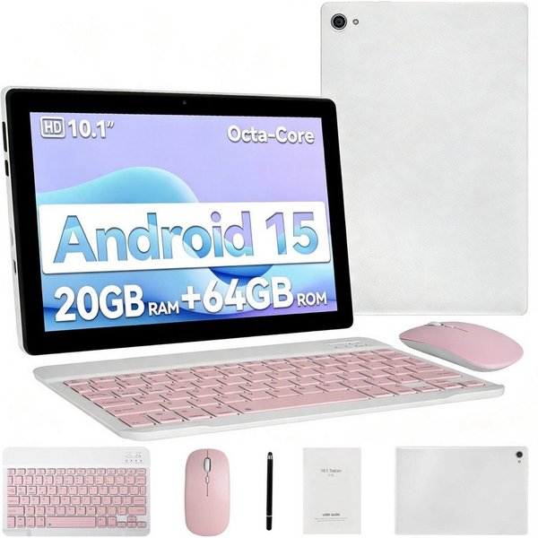 Happybe 10,1 Zoll 64GB, Android, HD 1280x800, mit Tastatur, Maus und Stylus Tablet (10", 64 GB, Android 15, WiFi6, 20(3+17)GB RAM, Widevine L1, Octa-Core)