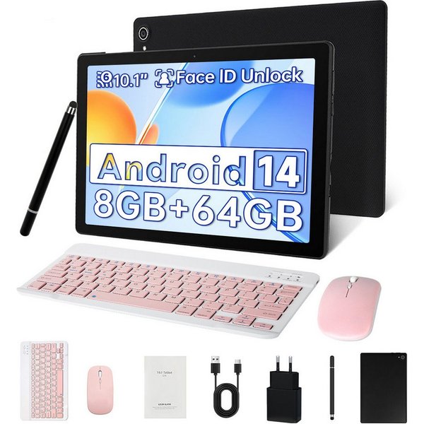 Happybe 10,1 Zoll 64GB, Android, HD 1280x800, mit Tastatur, Maus und Stylus Tablet (10", 64 GB, Android 14, WiFi6, Android 14, 8GB RAM, Widevine L1, Komplettset