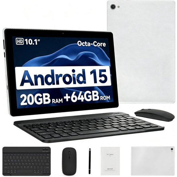 Happybe 10,1 Zoll 64GB, Android, HD 1280x800, mit Tastatur, Maus und Stylus Tablet (10", 64 GB, Android 15, WiFi6, 20(3+17)GB RAM, Widevine L1, Octa-Core)